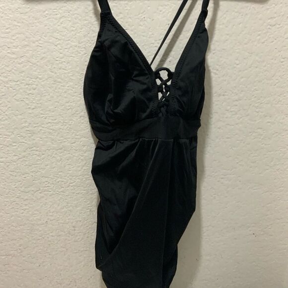 A Pea in the Pod Black Lace Up Detail One Piece Maternity Swimsuit Size Small - Picture 5 of 9